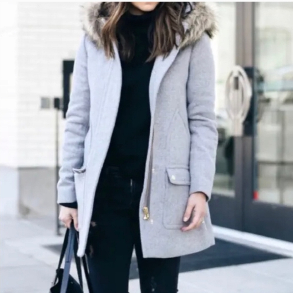 J. Crew Gray Vail Parka Wool Blend Faux Fur Hooded Jacket  Sz 4‎ Coat